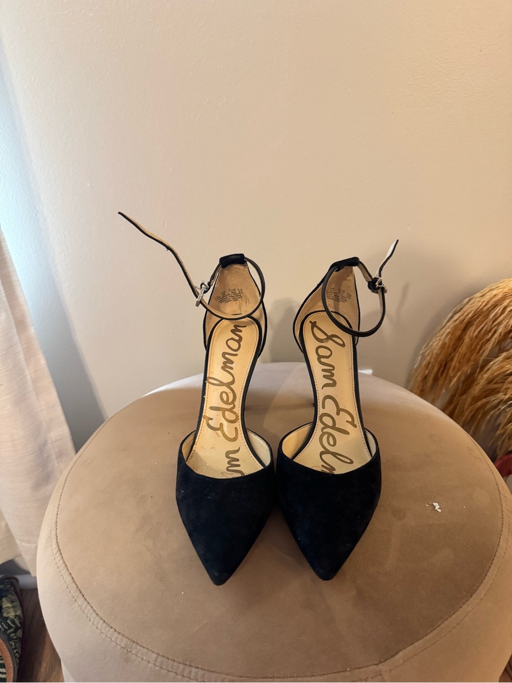 Sam Edelman Black Suede Pointed Ankle-Strap Heels